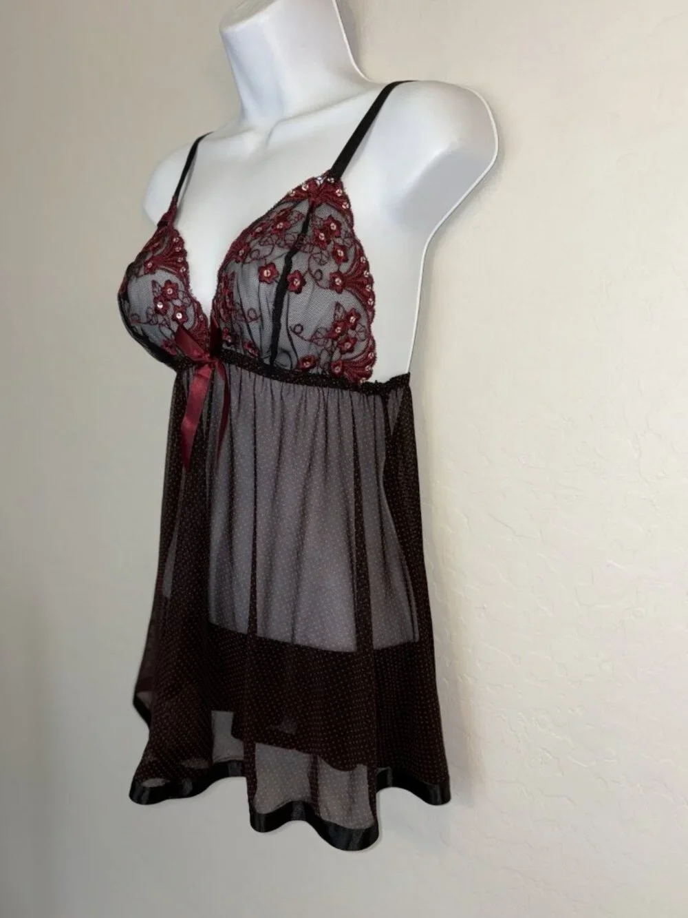 Y2K Goth Black & Burgundy Polka Dot Mesh‎ Babydoll Lingerie with Sequin Lace S